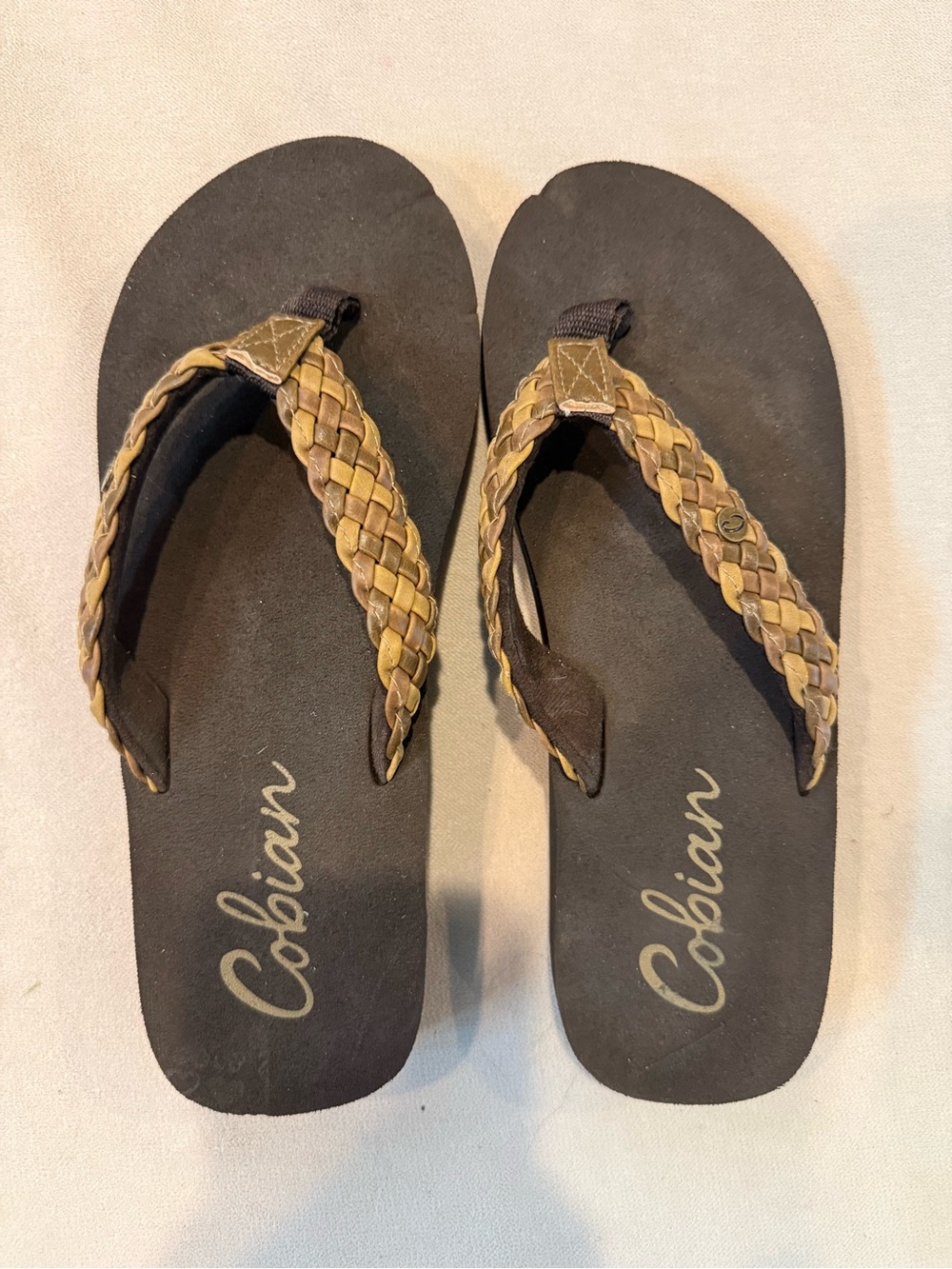 Cobian Women's Braided Tan and Black Thong Sandals